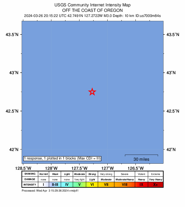 USGS DYFI community-reported intensity map for the M3.0 earthquake near 227 km W of Port Orford, Oregon