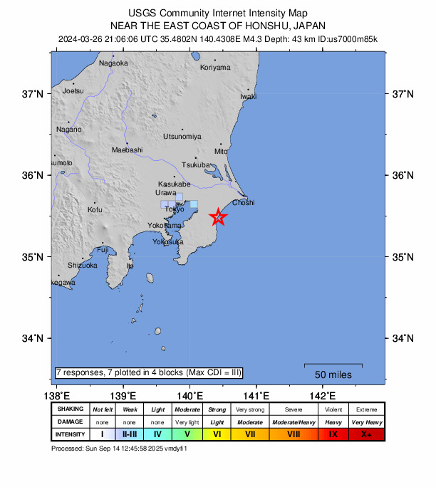 USGS DYFI community-reported intensity map for the M4.3 earthquake near 9 km SE of Tōgane, Japan