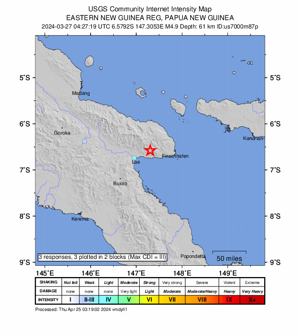 USGS DYFI community-reported intensity map for the M4.9 earthquake near 37 km ENE of Lae, Papua New Guinea