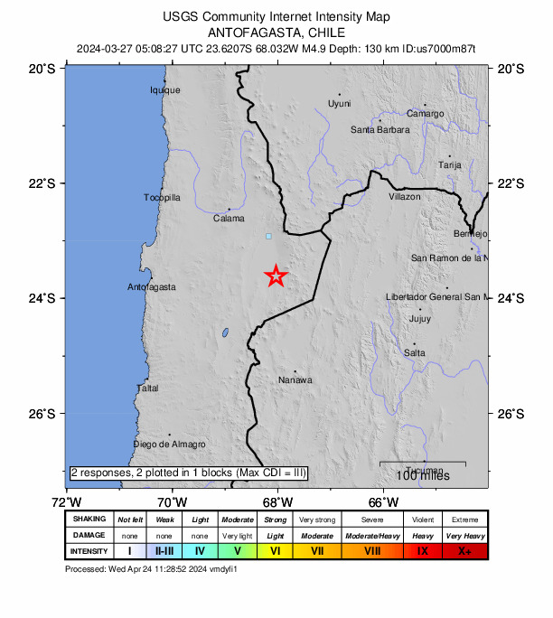 USGS DYFI community-reported intensity map for the M4.9 earthquake near 77 km SSE of San Pedro de Atacama, Chile