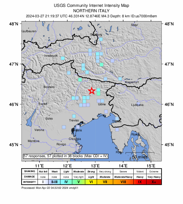 USGS DYFI community-reported intensity map for the M4.3 earthquake near 6 km ENE of Tramonti di Sopra, Italy