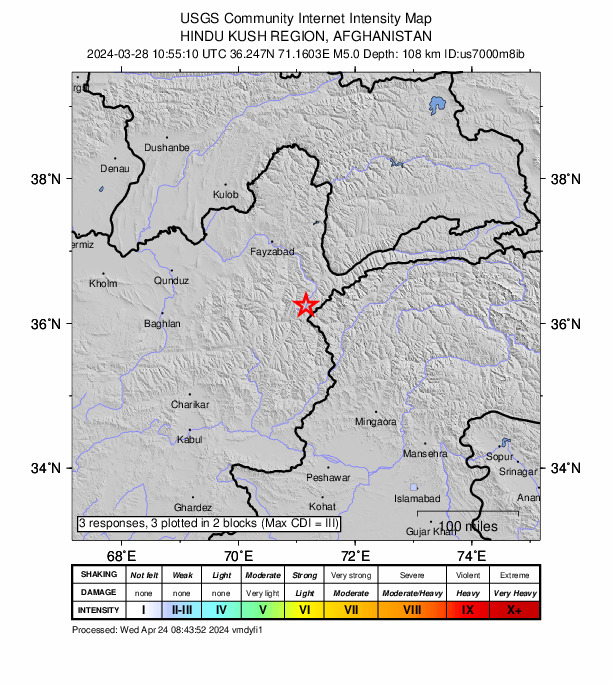 USGS DYFI community-reported intensity map for the M5.0 earthquake near 58 km SW of Ashkāsham, Afghanistan