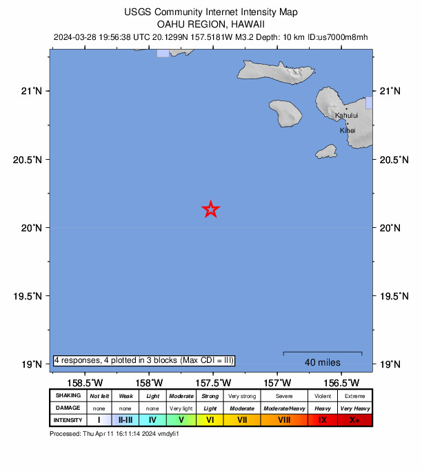 USGS DYFI community-reported intensity map for the M3.2 earthquake near 99 km SW of Lanai City, Hawaii