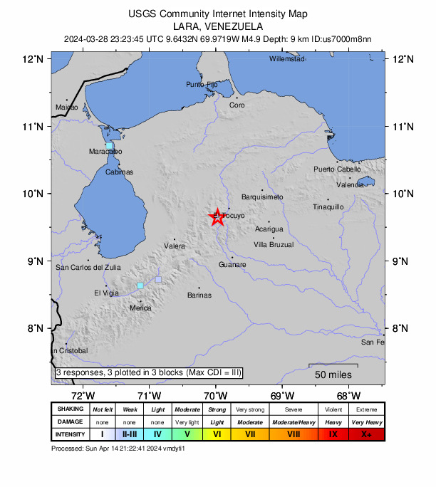 USGS DYFI community-reported intensity map for the M4.9 earthquake near 26 km SW of El Tocuyo, Venezuela