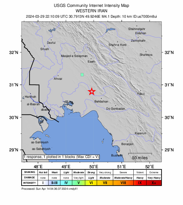 USGS DYFI community-reported intensity map for the M4.1 earthquake near 13 km NE of Aghajari, Iran