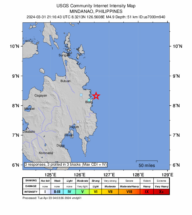 USGS DYFI community-reported intensity map for the M4.9 earthquake near 23 km NE of Barcelona, Philippines