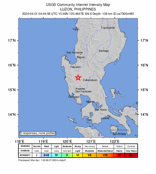 USGS DYFI community-reported intensity map for the M4.6 earthquake near 2 km NNE of Santa Lucia, Philippines