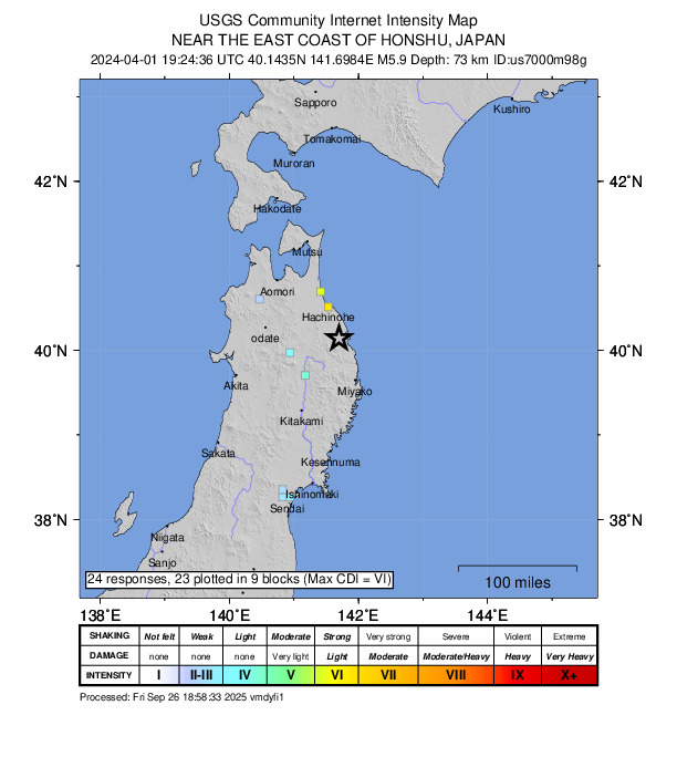 USGS DYFI community-reported intensity map for the M5.9 earthquake near 7 km SW of Kuji, Japan