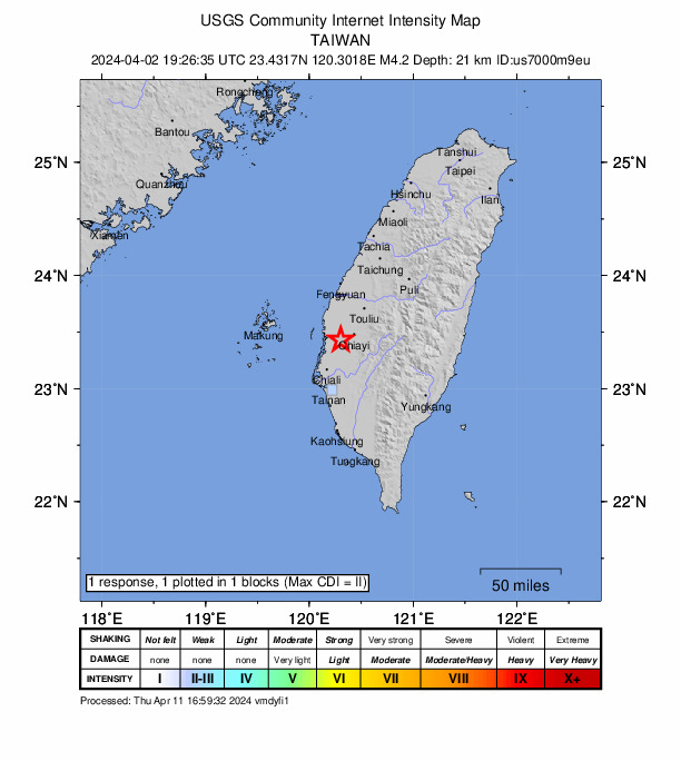 USGS DYFI community-reported intensity map for the M4.2 earthquake near 17 km WSW of Pizitou, Taiwan