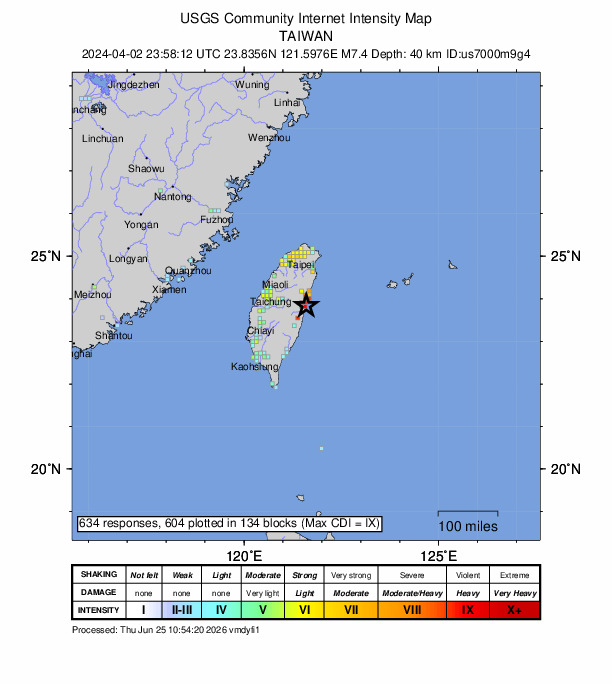 USGS DYFI community-reported intensity map for the M7.4 earthquake near 15 km S of Hualien City, Taiwan