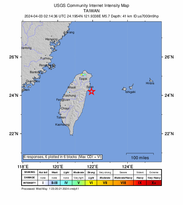 USGS DYFI community-reported intensity map for the M5.7 earthquake near 41 km NE of Hualien City, Taiwan