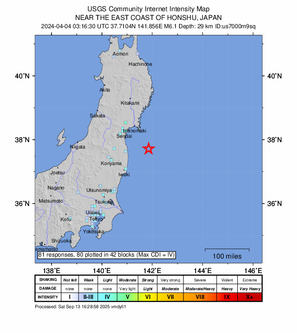USGS DYFI community-reported intensity map for the M6.1 earthquake near 77 km E of Minami-Sōma, Japan