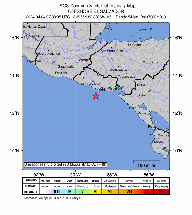 USGS DYFI community-reported intensity map for the M5.1 earthquake near 56 km SW of Puerto El Triunfo, El Salvador