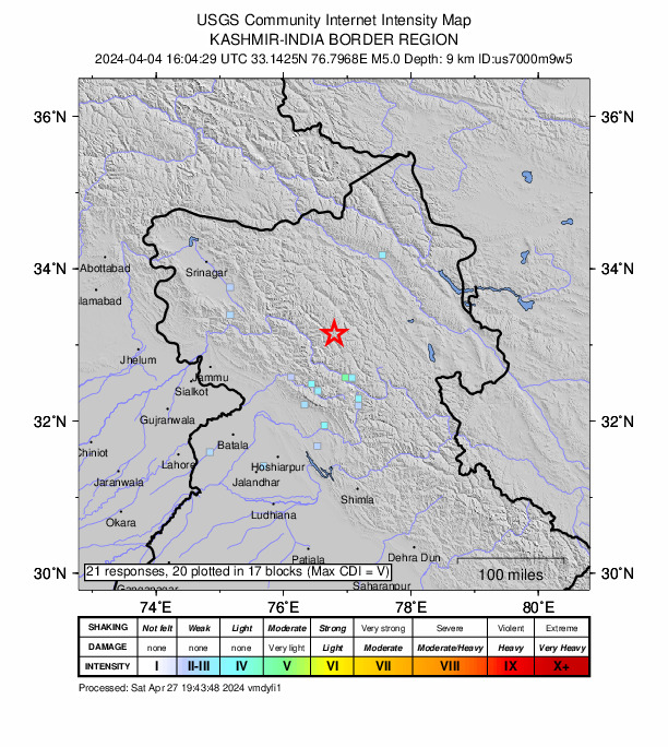 USGS DYFI community-reported intensity map for the M5.0 earthquake near 33 km S of Padam, India