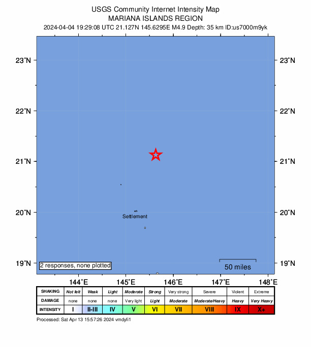 USGS DYFI community-reported intensity map for the M4.9 earthquake near Mariana Islands region