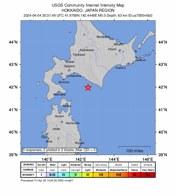USGS DYFI community-reported intensity map for the M5.0 earthquake near 34 km SW of Urakawa, Japan