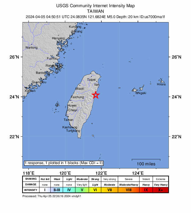 USGS DYFI community-reported intensity map for the M5.0 earthquake near 13 km NE of Hualien City, Taiwan