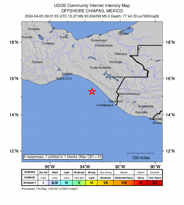 USGS DYFI community-reported intensity map for the M5.0 earthquake near 48 km WSW of El Palmarcito, Mexico