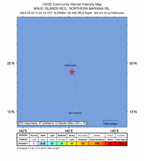 USGS DYFI community-reported intensity map for the M6.8 earthquake near Maug Islands region, Northern Mariana Islands