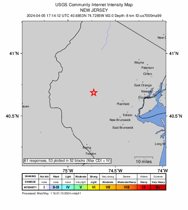 USGS DYFI community-reported intensity map for the M2.0 earthquake near 6 km SW of Gladstone, New Jersey