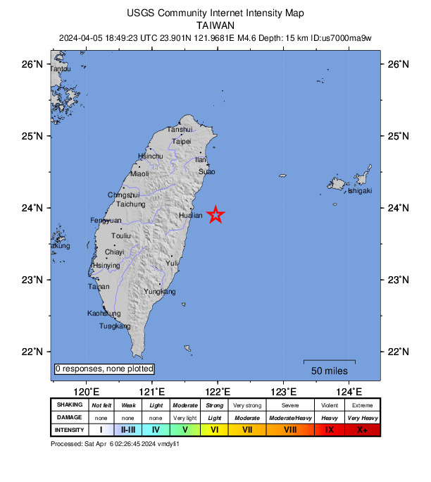 USGS DYFI community-reported intensity map for the M4.6 earthquake near 37 km ESE of Hualien City, Taiwan