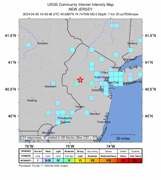 USGS DYFI community-reported intensity map for the M2.0 earthquake near 6 km NNE of Whitehouse Station, New Jersey