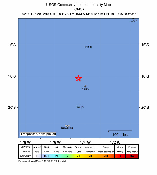 USGS DYFI community-reported intensity map for the M5.6 earthquake near 74 km NW of Neiafu, Tonga