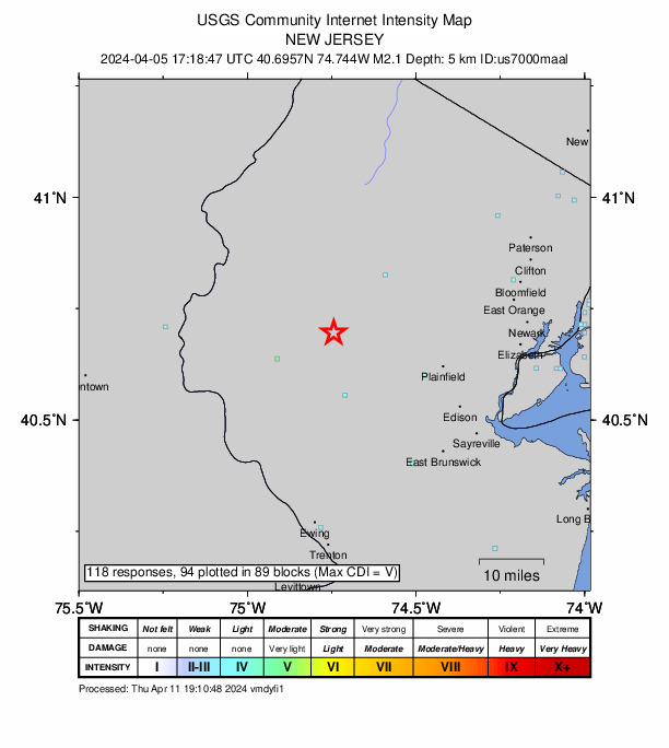 USGS DYFI community-reported intensity map for the M2.1 earthquake near 7 km WSW of Gladstone, New Jersey