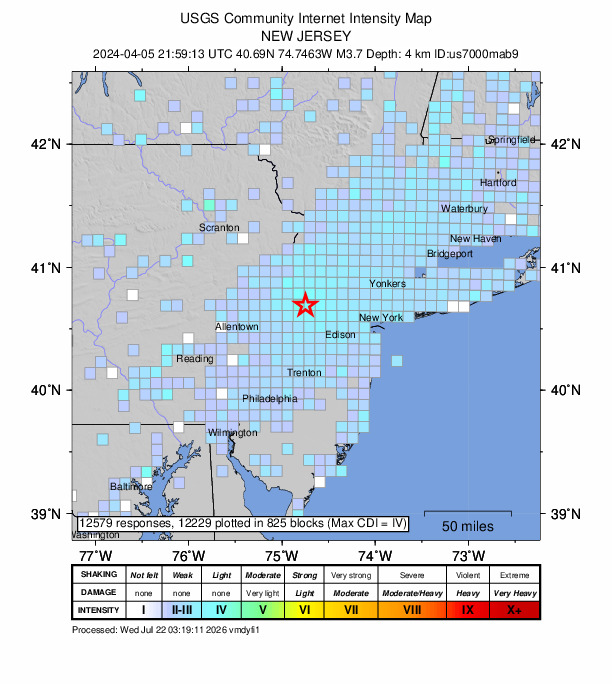 USGS DYFI community-reported intensity map for the M3.7 earthquake near 7 km WSW of Gladstone, New Jersey