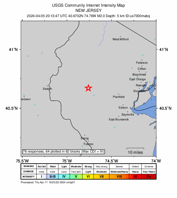 USGS DYFI community-reported intensity map for the M2.0 earthquake near 6 km N of Whitehouse Station, New Jersey