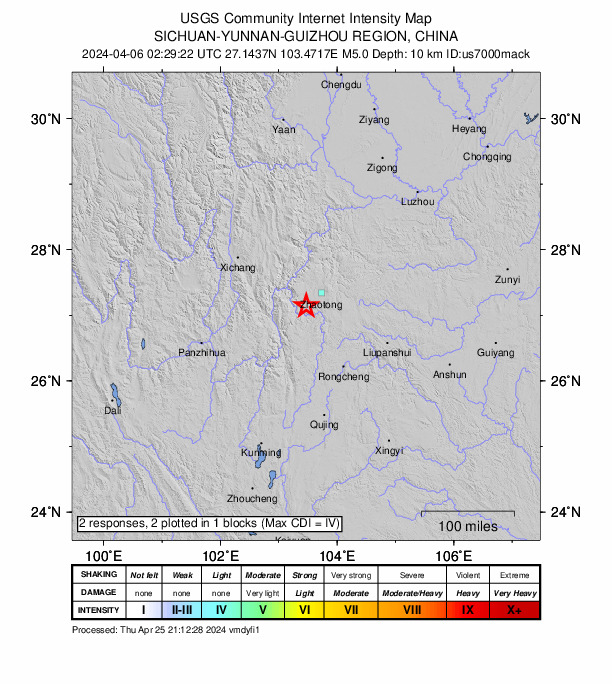 USGS DYFI community-reported intensity map for the M5.0 earthquake near 30 km SW of Zhaotong, China