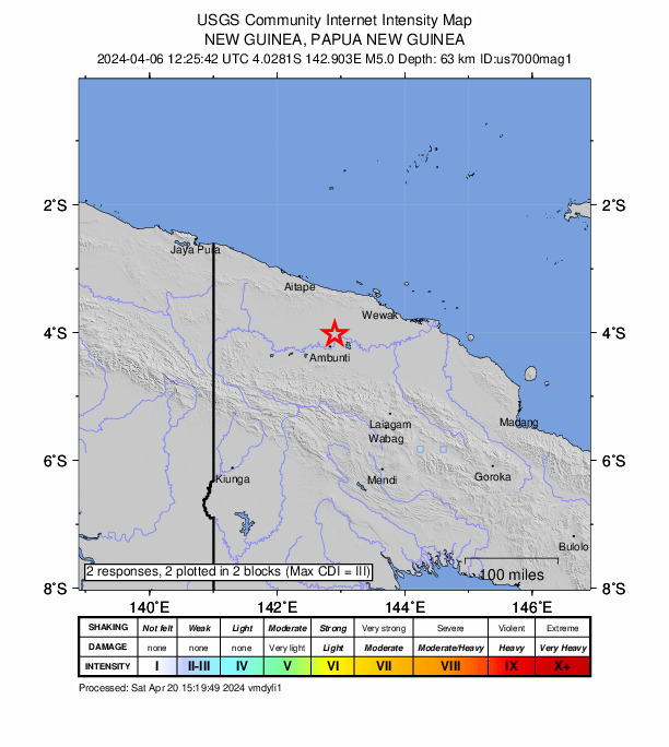 USGS DYFI community-reported intensity map for the M5.0 earthquake near 22 km NNE of Ambunti, Papua New Guinea