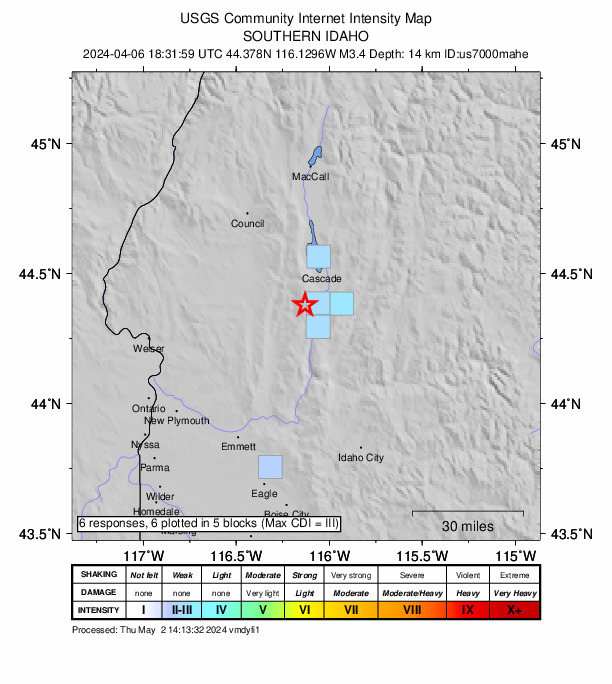 USGS DYFI community-reported intensity map for the M3.4 earthquake near 9 km NNW of Smiths Ferry, Idaho