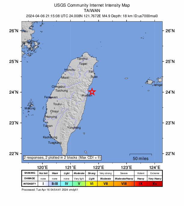 USGS DYFI community-reported intensity map for the M4.6 earthquake near 16 km ENE of Hualien City, Taiwan