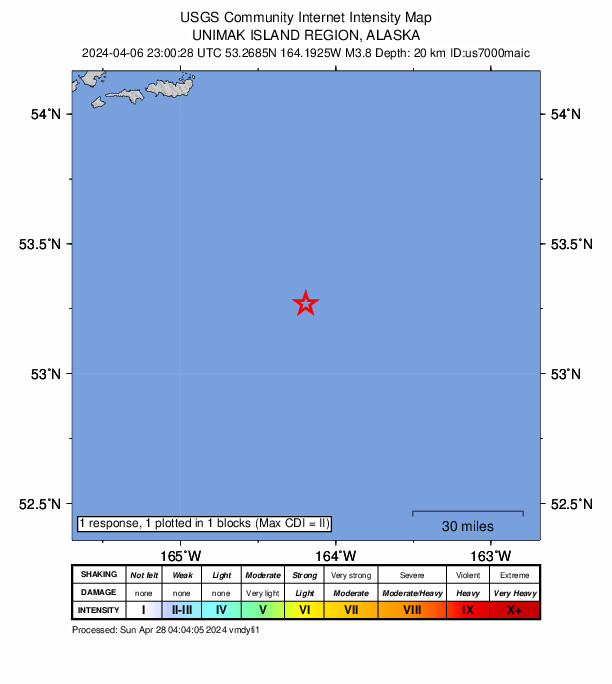 USGS DYFI community-reported intensity map for the M3.8 earthquake near 142 km SE of Akutan, Alaska