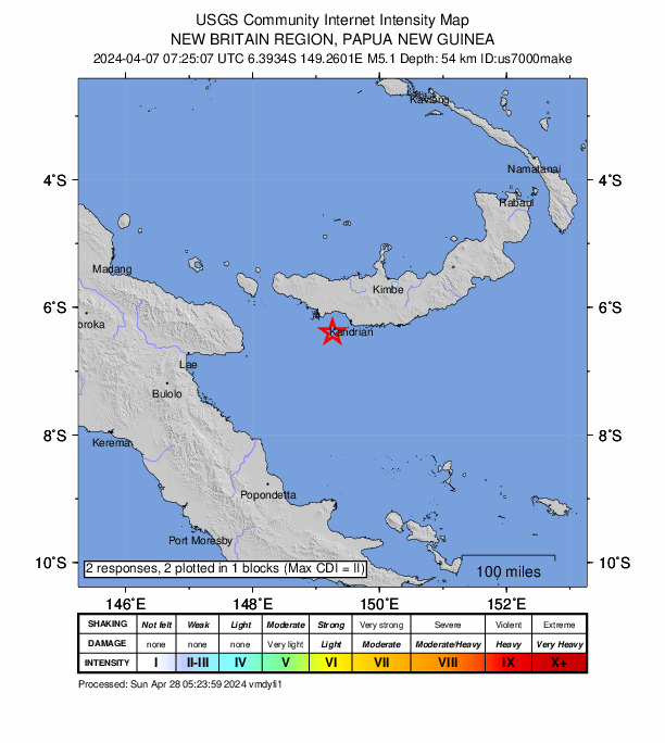 USGS DYFI community-reported intensity map for the M5.1 earthquake near 36 km WSW of Kandrian, Papua New Guinea