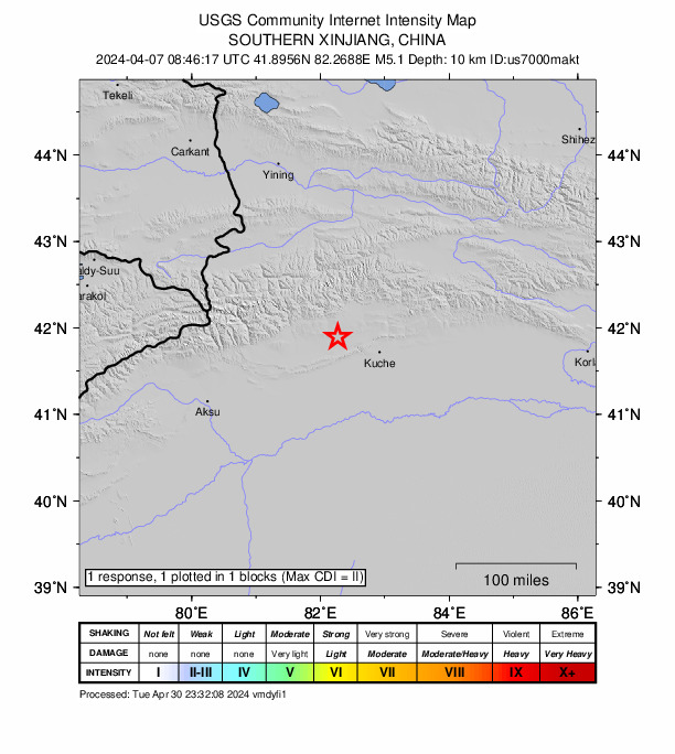 USGS DYFI community-reported intensity map for the M5.1 earthquake near 58 km WNW of Kuqa, China