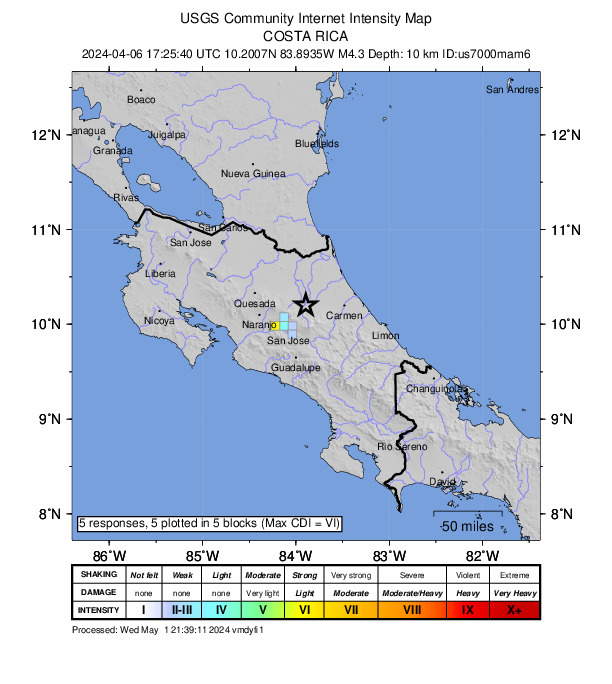 USGS DYFI community-reported intensity map for the M4.3 earthquake near 12 km W of Guápiles, Costa Rica
