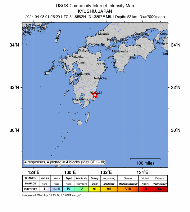 USGS DYFI community-reported intensity map for the M5.1 earthquake near 6 km NNE of Nichinan, Japan