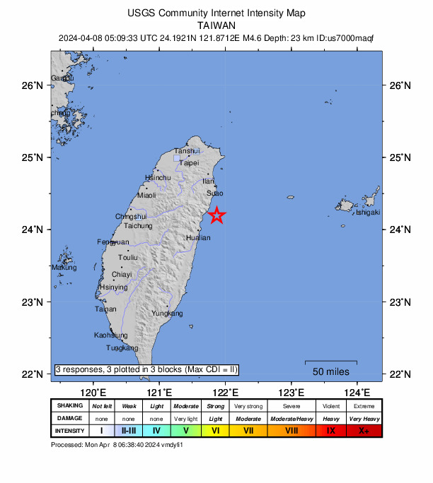 USGS DYFI community-reported intensity map for the M4.6 earthquake near 33 km NE of Hualien City, Taiwan