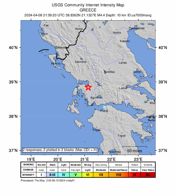 USGS DYFI community-reported intensity map for the M4.4 earthquake near 3 km SW of Amfilochía, Greece