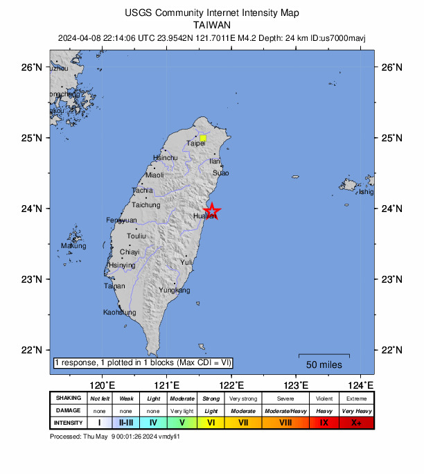 USGS DYFI community-reported intensity map for the M4.2 earthquake near 10 km ESE of Hualien City, Taiwan