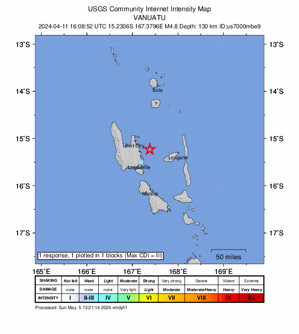 USGS DYFI community-reported intensity map for the M4.8 earthquake near 39 km ESE of Port-Olry, Vanuatu