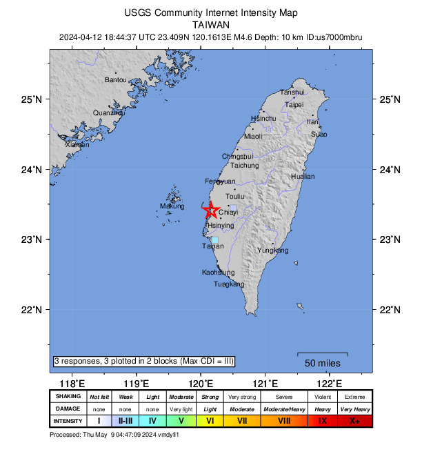 USGS DYFI community-reported intensity map for the M4.6 earthquake near 30 km WSW of Pizitou, Taiwan