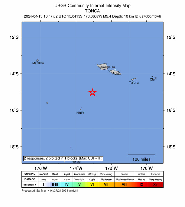 USGS DYFI community-reported intensity map for the M5.4 earthquake near 127 km NE of Hihifo, Tonga