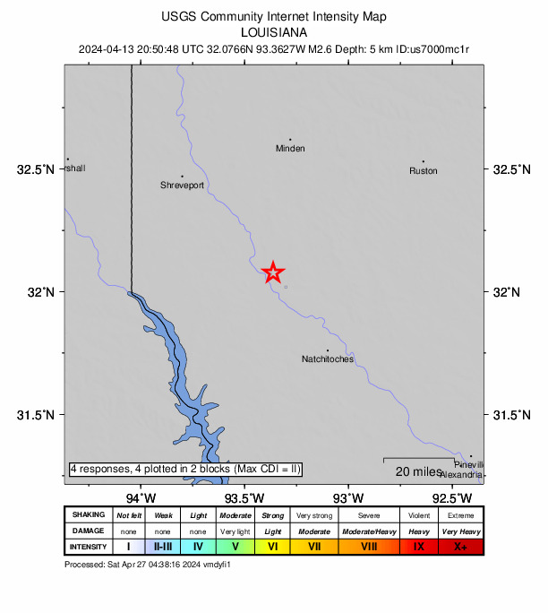 USGS DYFI community-reported intensity map for the M2.6 earthquake near 4 km NW of Edgefield, Louisiana