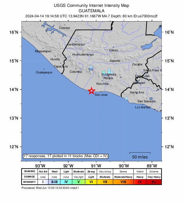USGS DYFI community-reported intensity map for the M4.7 earthquake near 19 km SW of La Gomera, Guatemala