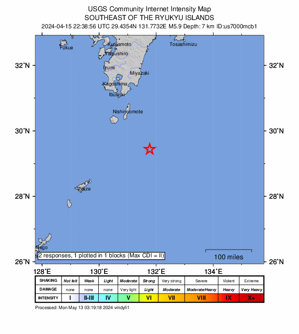USGS DYFI community-reported intensity map for the M5.9 earthquake near 147 km SE of Koshima, Japan