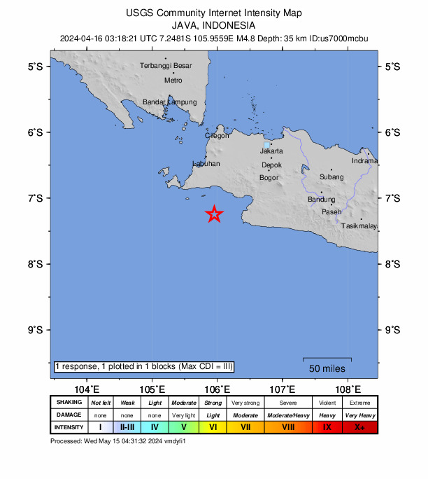 USGS DYFI community-reported intensity map for the M4.8 earthquake near 71 km WSW of Pelabuhanratu, Indonesia