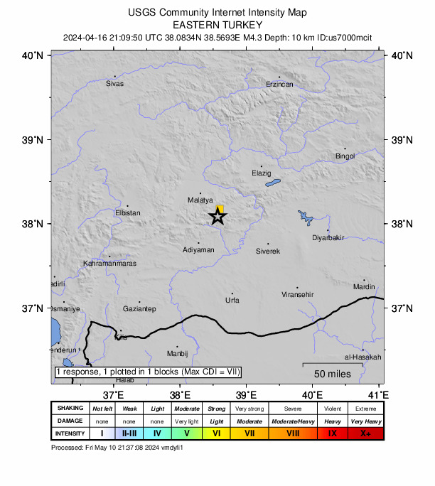 USGS DYFI community-reported intensity map for the M4.3 earthquake near 6 km NW of Sincik, Turkey
